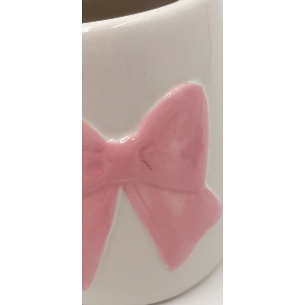 White Ceramic Bow Canister Pink Embossed Ribbon Lid Jar Coquette‎ Decor